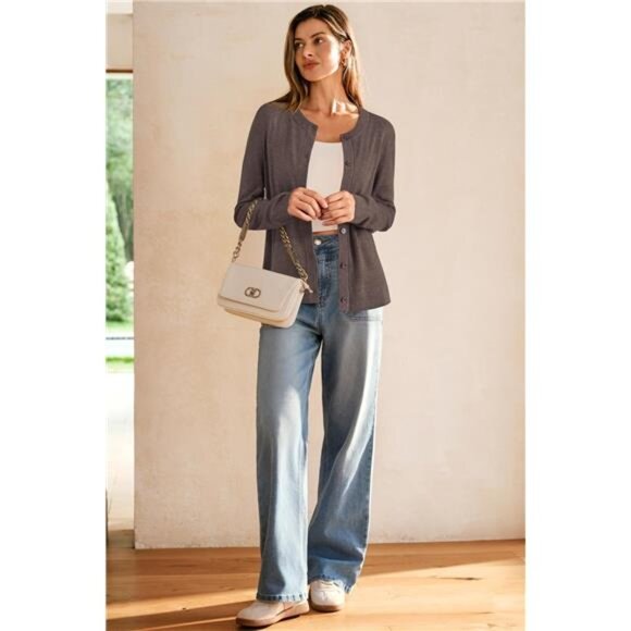 Women's Wool Blended Cardigan Sweaters Lightweight Coffee - Picture 6 of 6